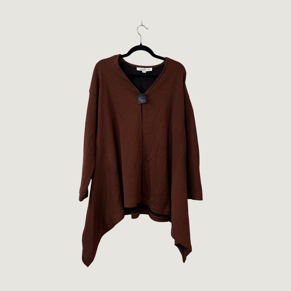 Caroline Rose 100% Wool Ribbed Cardigan Brown  Boho Lagenlook Handkerchief Hem L